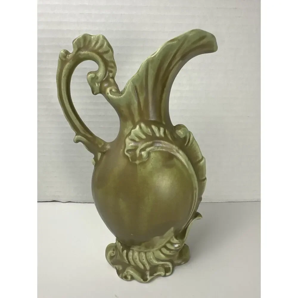 Vintage Green Matte Ceramic Art Deco Pitcher Vase – Ornate Leaf Handle – 8” Tall